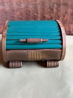 Park Sherman 1930 Deco Steel Chrome Roll Top Cigarette Box brass Bakelite green